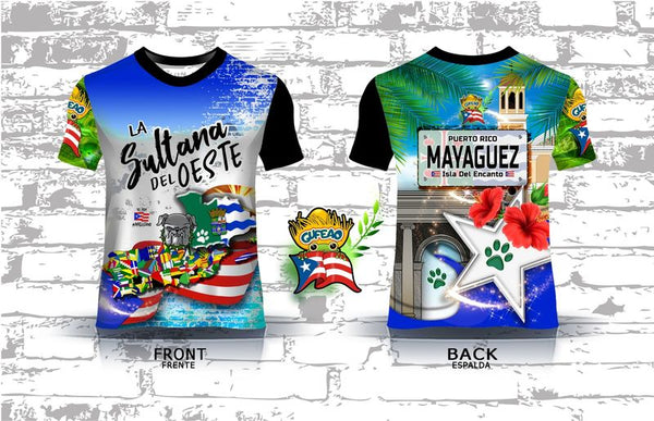 A design of a T-shirt with a front and back view. The front features "La Sultana del Oeste" in bold text, a bulldog, the Puerto Rican flag, and various international flags, with a "Gufeo" cartoon character and flag emblem. The back displays "Mayaguez" on a license plate-style graphic, a red hibiscus flower, a white star with a paw print, and the Puerto Rican flag, with a church and palm trees. The website "www.gufeo.com" is implied in the design context.