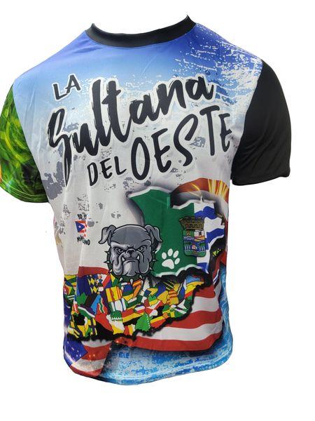 A design of a T-shirt with a front and back view. The front features "La Sultana del Oeste" in bold text, a bulldog, the Puerto Rican flag, and various international flags, with a "Gufeo" cartoon character and flag emblem. The back displays "Mayaguez" on a license plate-style graphic, a red hibiscus flower, a white star with a paw print, and the Puerto Rican flag, with a church and palm trees. The website "www.gufeo.com" is implied in the design context.