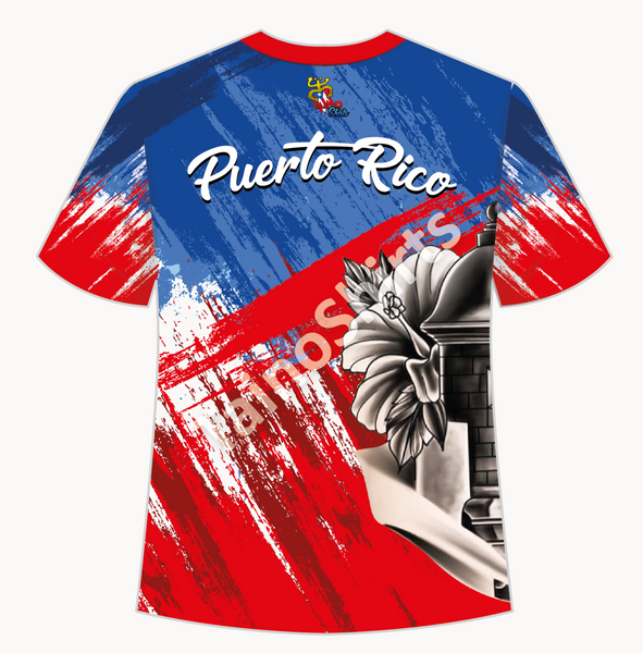 A vibrant t-shirt featuring Puerto Rican culture with the Puerto Rican flag, a coqui frog, and a historic fort, designed with bold red and blue brushstrokes, perfect for cultural enthusiasts and collectors.