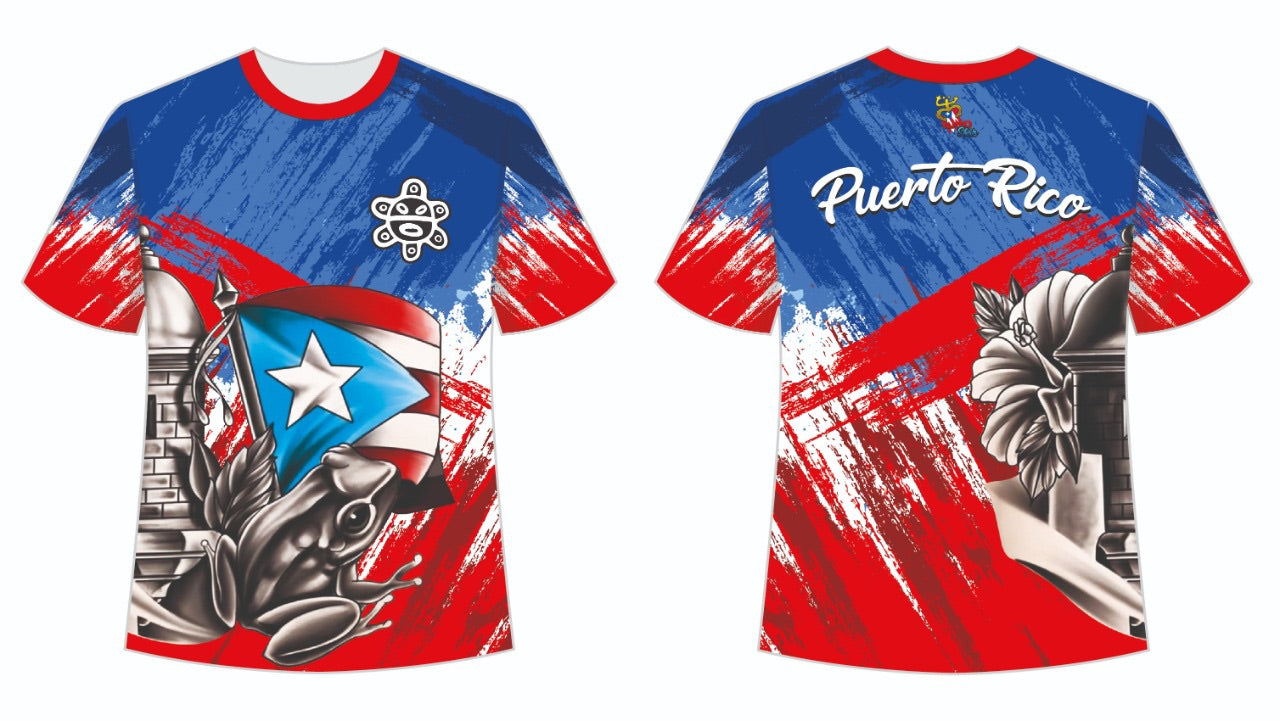 A vibrant t-shirt featuring Puerto Rican culture with the Puerto Rican flag, a coqui frog, and a historic fort, designed with bold red and blue brushstrokes, perfect for cultural enthusiasts and collectors.