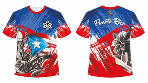 A vibrant t-shirt featuring Puerto Rican culture with the Puerto Rican flag, a coqui frog, and a historic fort, designed with bold red and blue brushstrokes, perfect for cultural enthusiasts and collectors.
