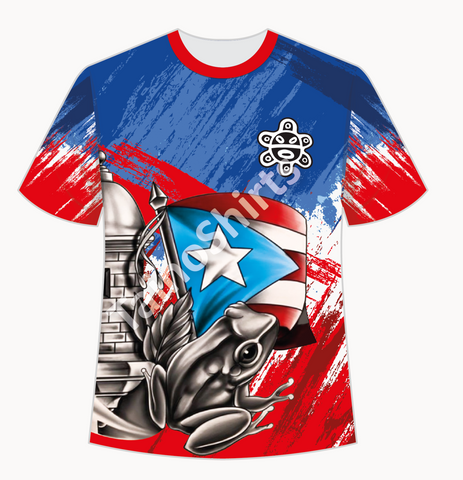 A unisex dry fit shirt featuring a graphic design with the Puerto Rican flag, the Coqui frog, and the Morro castle.