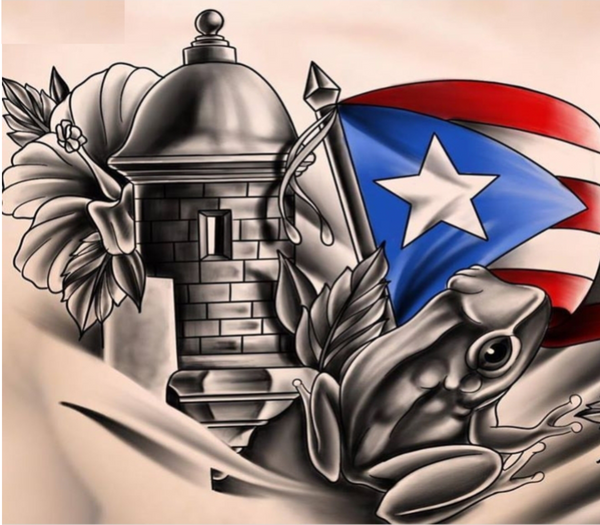 2025 Puerto Rico tattoo design featuring a detailed illustration of a historic tower, a coqui frog, a Puerto Rican flag, a hibiscus flower, and green leaves, symbolizing Puerto Rican culture and heritage.