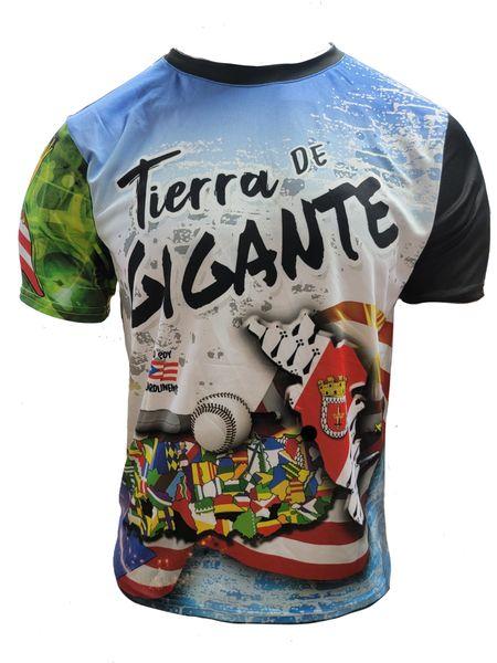 Colorful Puerto Rican shirt design with "Tierra de Gigante" text, featuring a baseball, Puerto Rican flag, and vibrant flag motifs, celebrating cultural pride and strength.