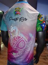Vibrant left and right views of a Puerto Rican shirt featuring a stylized turtle design, "Puerto Rico" text, and the Gufeao mascot with the Puerto Rican flag, showcasing cultural artistry and pride.