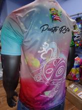 Vibrant left and right views of a Puerto Rican shirt featuring a stylized turtle design, "Puerto Rico" text, and the Gufeao mascot with the Puerto Rican flag, showcasing cultural artistry and pride.