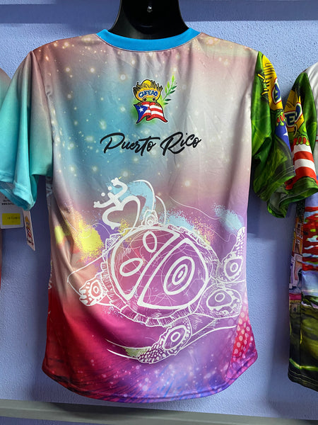 Vibrant left and right views of a Puerto Rican shirt featuring a stylized turtle design, "Puerto Rico" text, and the Gufeao mascot with the Puerto Rican flag, showcasing cultural artistry and pride.