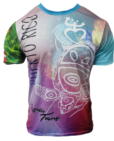 A colorful sublimated t-shirt with 'Orgullo Taino' text and cultural graphics.