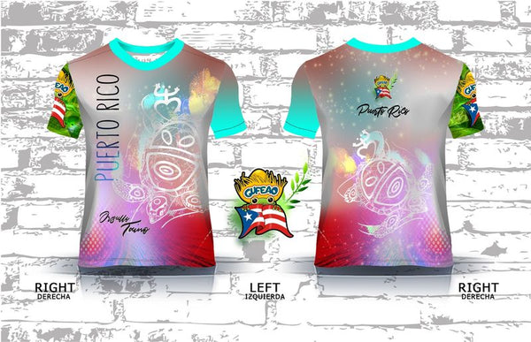 Vibrant left and right views of a Puerto Rican shirt featuring a stylized turtle design, "Puerto Rico" text, and the Gufeao mascot with the Puerto Rican flag, showcasing cultural artistry and pride.