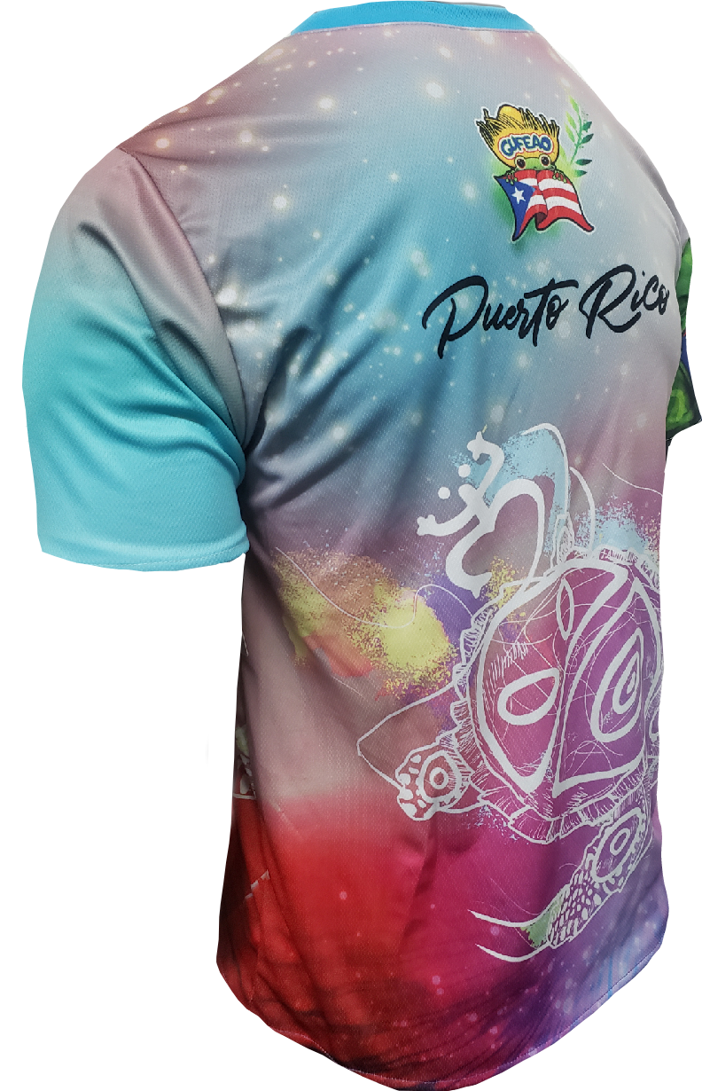 Vibrant left and right views of a Puerto Rican shirt featuring a stylized turtle design, "Puerto Rico" text, and the Gufeao mascot with the Puerto Rican flag, showcasing cultural artistry and pride.