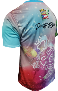 Vibrant left and right views of a Puerto Rican shirt featuring a stylized turtle design, "Puerto Rico" text, and the Gufeao mascot with the Puerto Rican flag, showcasing cultural artistry and pride.