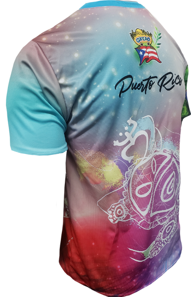 Vibrant left and right views of a Puerto Rican shirt featuring a stylized turtle design, "Puerto Rico" text, and the Gufeao mascot with the Puerto Rican flag, showcasing cultural artistry and pride.