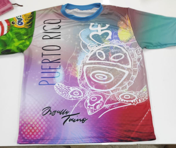 Vibrant left and right views of a Puerto Rican shirt featuring a stylized turtle design, "Puerto Rico" text, and the Gufeao mascot with the Puerto Rican flag, showcasing cultural artistry and pride.