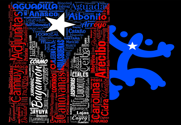 2025 Puerto Rico towns flag design featuring a stylized Puerto Rican flag with a large white star, overlaid with the names of various towns such as Aguadilla, Arecibo, Bayamón, and Jayuya in red, and a blue coqui frog silhouette with a star, set against a black background.