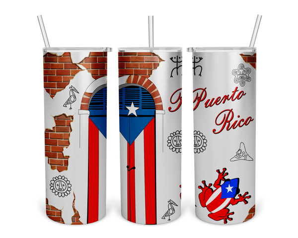 2025 Puerto Rico tumbler set with a design featuring the Puerto Rican flag, a brick wall background, an arched window, Taino symbols, a coqui frog, and 'Puerto Rico' text, accompanied by a straw for use.