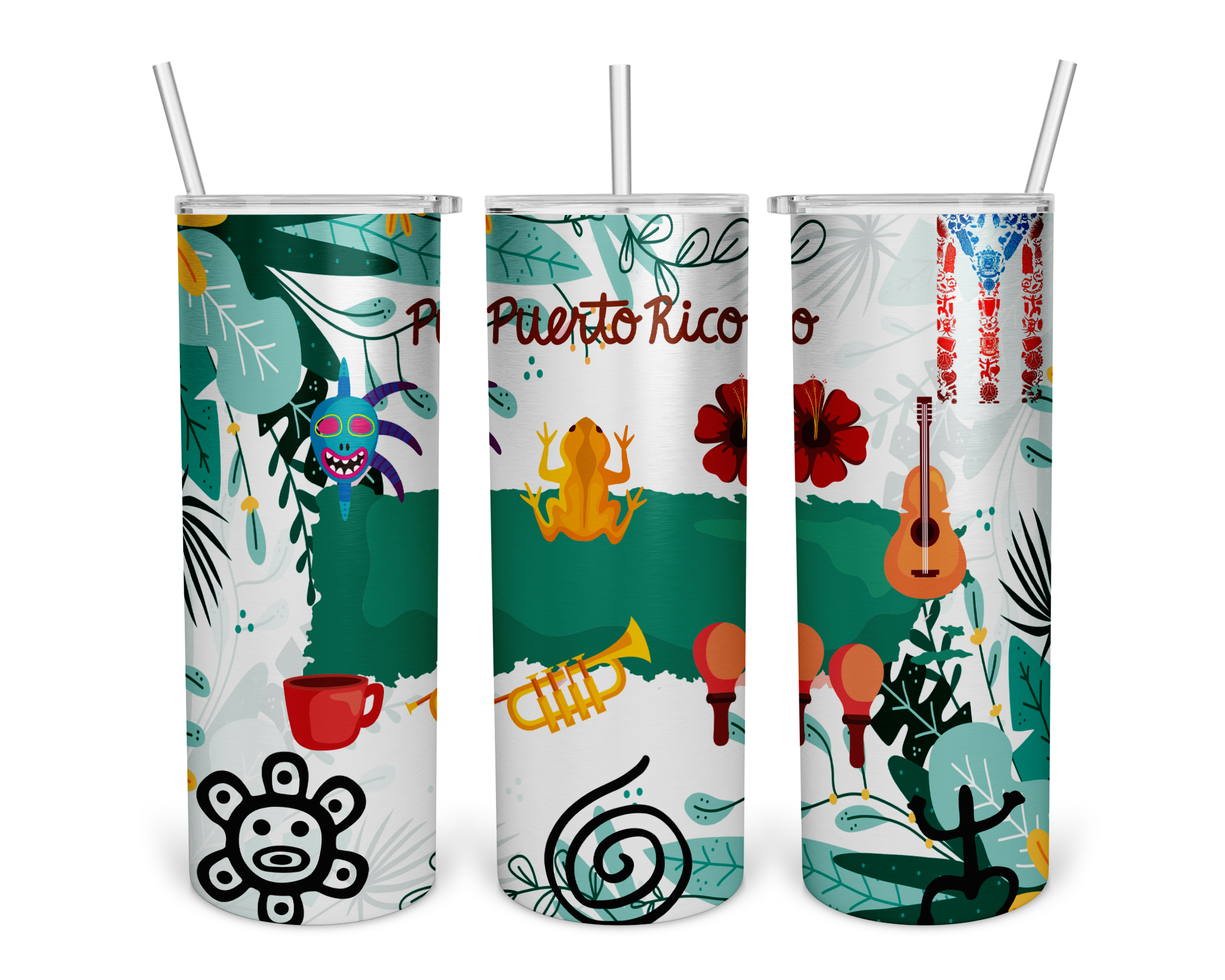 A set of three stainless steel tumblers with a Puerto Rican theme, featuring colorful graphics such as a frog, guitar, and tropical elements.