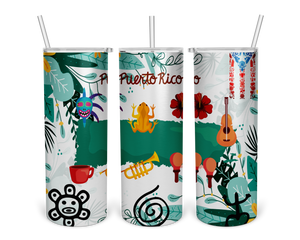 A set of three stainless steel tumblers with a Puerto Rican theme, featuring colorful graphics such as a frog, guitar, and tropical elements.