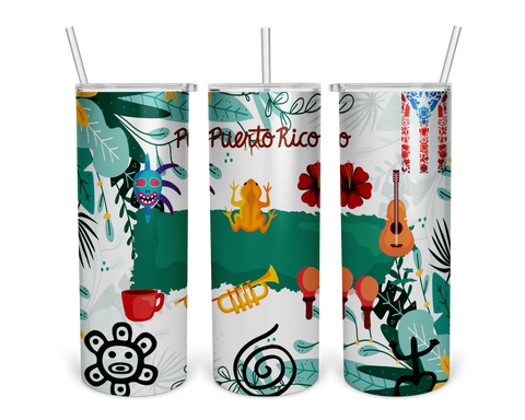 A set of three stainless steel tumblers with a Puerto Rican theme, featuring colorful graphics such as a frog, guitar, and tropical elements.