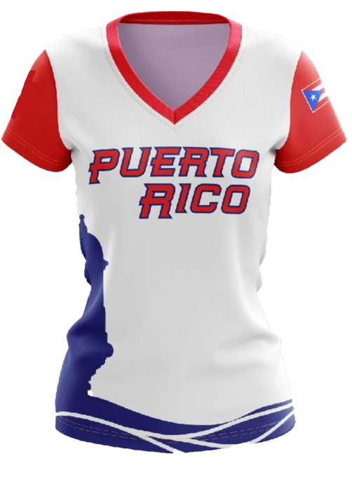 Puerto Rico women's t-shirt featuring a white base with blue and red accents, a silhouette of the island, and "Puerto Rico" text in bold red, accented with the Puerto Rican flag on the sleeve, perfect for proud women in 2025.