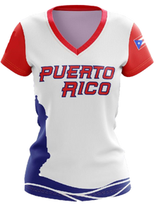 Puerto Rico women's t-shirt featuring a white base with blue and red accents, a silhouette of the island, and "Puerto Rico" text in bold red, accented with the Puerto Rican flag on the sleeve, perfect for proud women in 2025.