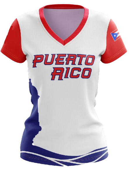 Puerto Rico women's t-shirt featuring a white base with blue and red accents, a silhouette of the island, and "Puerto Rico" text in bold red, accented with the Puerto Rican flag on the sleeve, perfect for proud women in 2025.