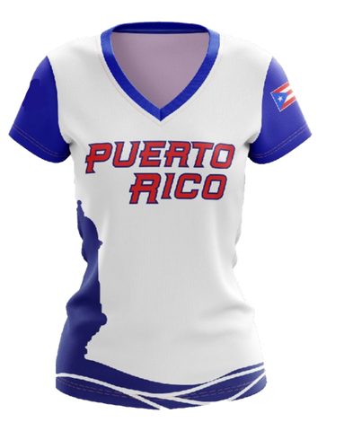 A women's Puerto Rico V-neck t-shirt with short sleeves, predominantly white with blue accents and text.