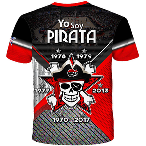 Front view of the 2025 Quebradillas Piratas BSN basketball jersey, displaying a black and red design with a pirate mascot holding a basketball under a hoop, the team name 'Quebradillas Piratas Est. 1926,' and the BSN logo. Features the 'Gufao' mascot emblem with a Puerto Rican flag in the corner.