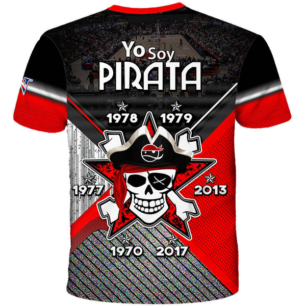 Front view of the 2025 Quebradillas Piratas BSN basketball jersey, displaying a black and red design with a pirate mascot holding a basketball under a hoop, the team name 'Quebradillas Piratas Est. 1926,' and the BSN logo. Features the 'Gufao' mascot emblem with a Puerto Rican flag in the corner.