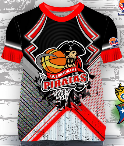 A short-sleeved basketball jersey with a graphic design featuring a pirate character and the text 'PIRATAS'. The jersey has a red and black color scheme with a basketball hoop design in the center.