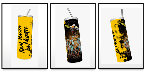 A bold tumbler featuring 'Real Hasta Muerte' with the Capitanes de la Ciudad de México basketball team in action, designed in vibrant yellow and black, perfect for sports fans and collectors.
