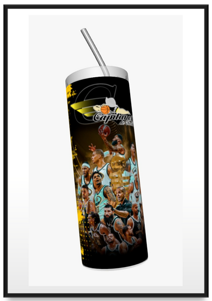 A bold tumbler featuring 'Real Hasta Muerte' with the Capitanes de la Ciudad de México basketball team in action, designed in vibrant yellow and black, perfect for sports fans and collectors.