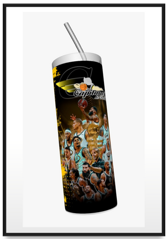 A bold tumbler featuring 'Real Hasta Muerte' with the Capitanes de la Ciudad de México basketball team in action, designed in vibrant yellow and black, perfect for sports fans and collectors.