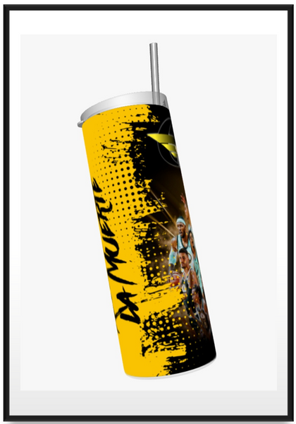 A bold tumbler featuring 'Real Hasta Muerte' with the Capitanes de la Ciudad de México basketball team in action, designed in vibrant yellow and black, perfect for sports fans and collectors.