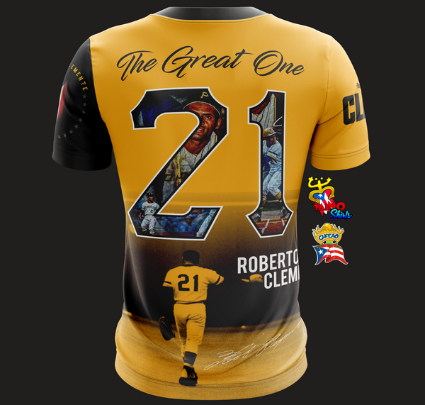 A striking t-shirt tribute to Roberto Clemente, dubbed 'The Great One,' featuring the Pittsburgh Pirates jersey with number 21, his signature, and the Puerto Rican flag. Designed by Taino Shirts, perfect for baseball enthusiasts and collectors.