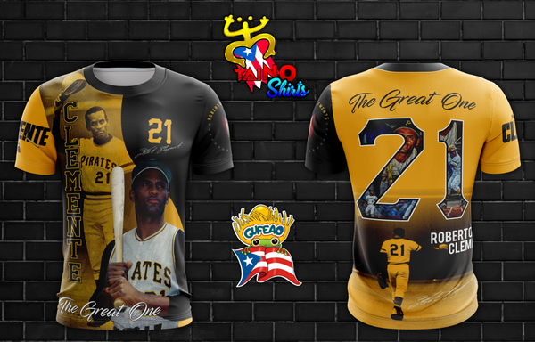 A striking t-shirt tribute to Roberto Clemente, dubbed 'The Great One,' featuring the Pittsburgh Pirates jersey with number 21, his signature, and the Puerto Rican flag. Designed by Taino Shirts, perfect for baseball enthusiasts and collectors
