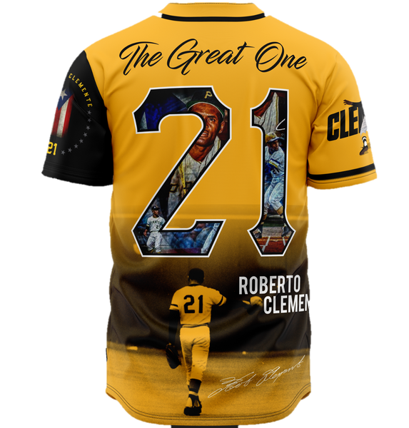 Roberto Clemente tribute Pittsburgh Pirates jersey with number 21 design and The Great One graphic