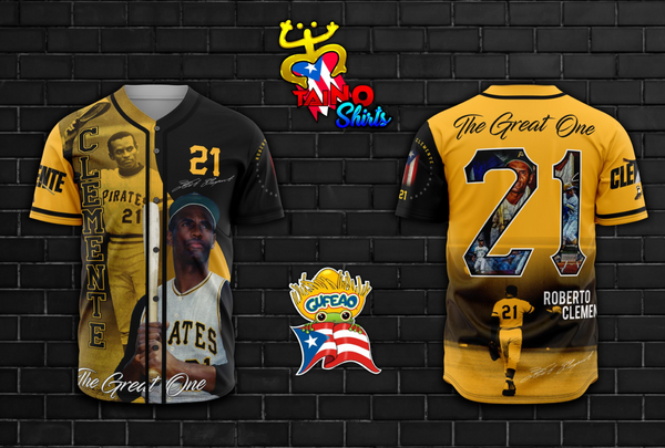 Roberto Clemente tribute Pittsburgh Pirates jersey with number 21 design and The Great One graphic