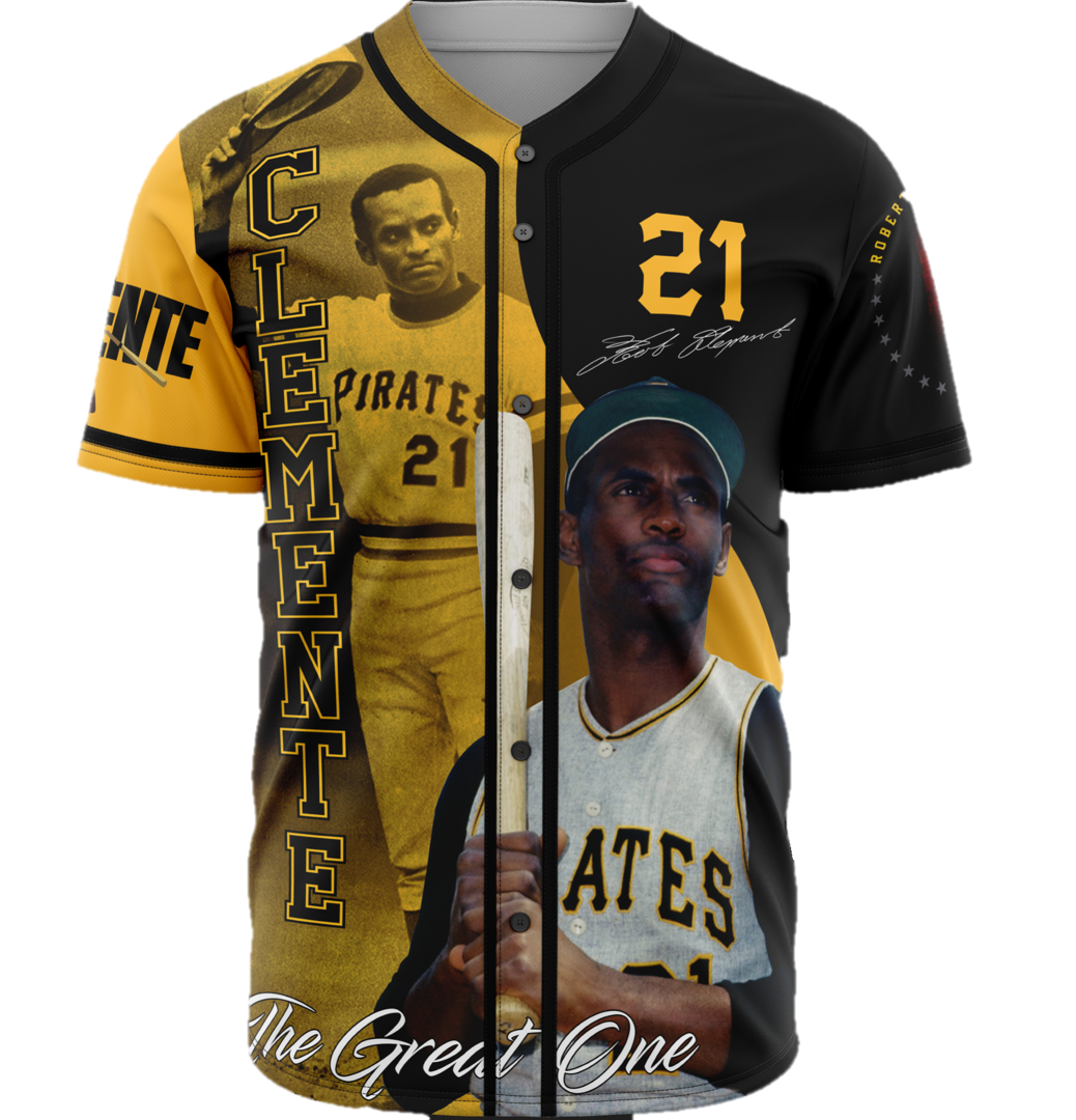Roberto Clemente tribute Pittsburgh Pirates jersey with number 21 design and The Great One graphic