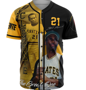 Roberto Clemente tribute Pittsburgh Pirates jersey with number 21 design and The Great One graphic