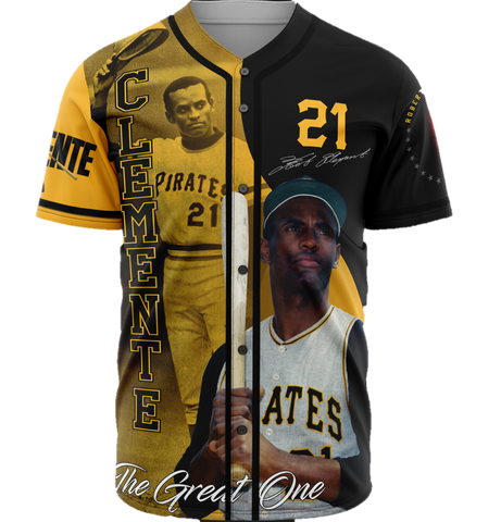 Roberto Clemente tribute Pittsburgh Pirates jersey with number 21 design and The Great One graphic