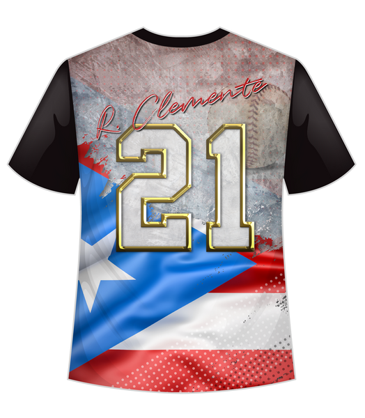A striking t-shirt honoring Roberto Clemente with front and back designs. The front features Clemente in his batting pose with the number 21 and name "R. Clemente" in gold, set against a vibrant Puerto Rican flag background. The back displays the number 21 and "Clemente" with a distressed flag design, perfect for baseball and Puerto Rican heritage fans.