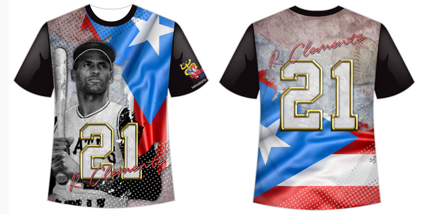 A striking t-shirt honoring Roberto Clemente with front and back designs. The front features Clemente in his batting pose with the number 21 and name "R. Clemente" in gold, set against a vibrant Puerto Rican flag background. The back displays the number 21 and "Clemente" with a distressed flag design, perfect for baseball and Puerto Rican heritage fans.
