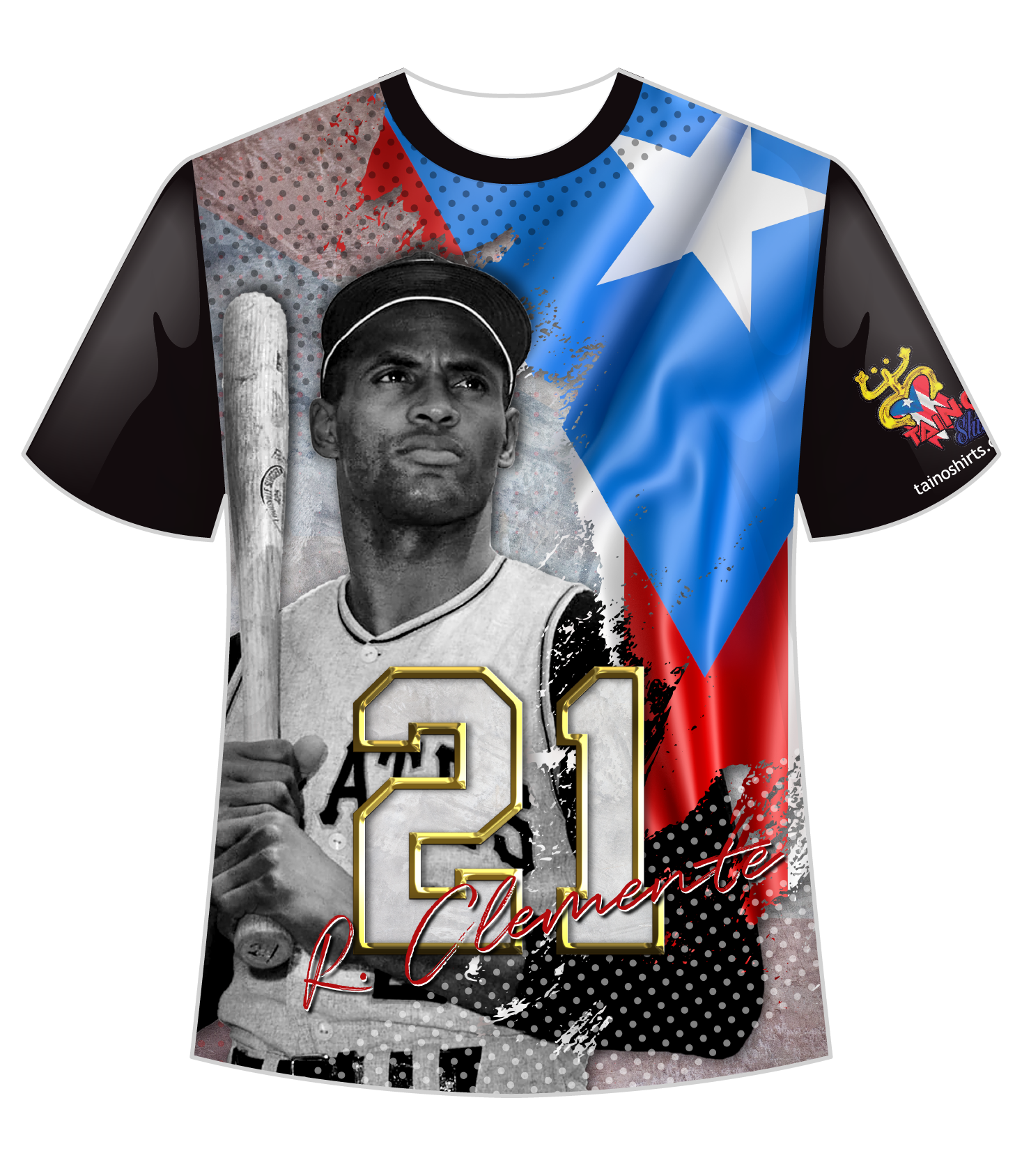 A Roberto Clemente Dry-Fit T-Shirt featuring an image of the baseball player with the number 21, the Puerto Rican flag, and text.