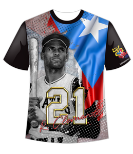 A Roberto Clemente Dry-Fit T-Shirt featuring an image of the baseball player with the number 21, the Puerto Rican flag, and text.