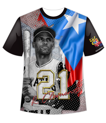 A Roberto Clemente Dry-Fit T-Shirt featuring an image of the baseball player with the number 21, the Puerto Rican flag, and text.