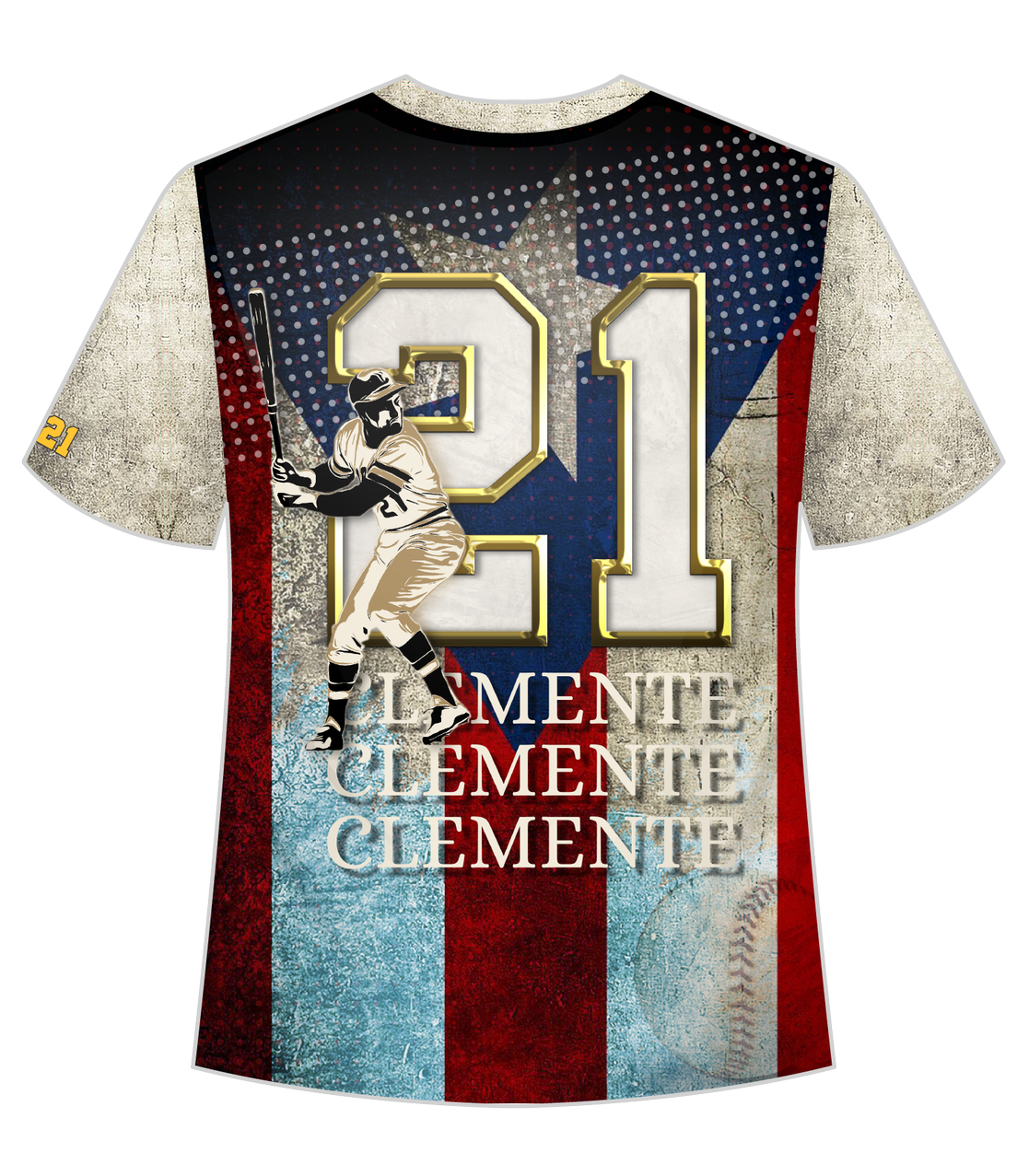 A stylish t-shirt featuring front and back designs honoring Roberto Clemente, a legendary baseball player. The front showcases Clemente in his batting pose against a stadium backdrop with a Puerto Rican flag, while the back displays his number 21 and name in bold, set against a distressed flag design.