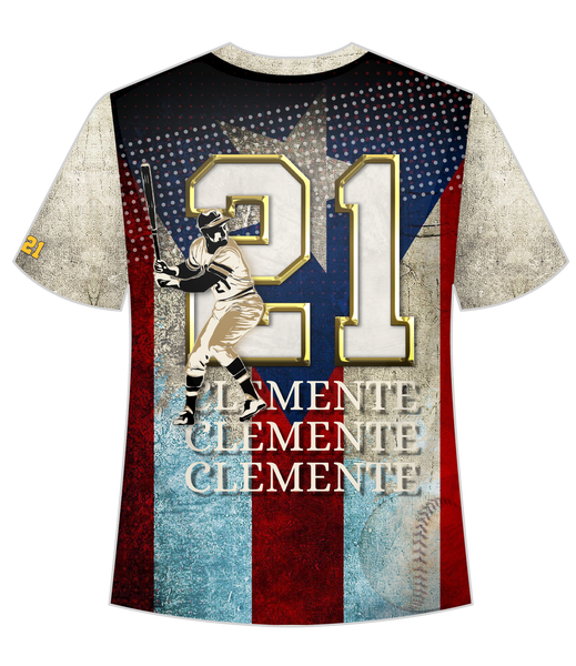 A stylish t-shirt featuring front and back designs honoring Roberto Clemente, a legendary baseball player. The front showcases Clemente in his batting pose against a stadium backdrop with a Puerto Rican flag, while the back displays his number 21 and name in bold, set against a distressed flag design.