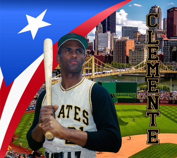 A tribute tumbler sticker featuring Roberto Clemente, a legendary Pittsburgh Pirates baseball player, holding a bat. The design includes the Puerto Rican flag, a cityscape with a yellow bridge, and a baseball field, with 'Clemente' written vertically. Perfect for fans and collectors