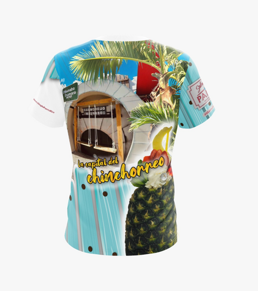 A vibrant t-shirt featuring the "Welcome to Salmorejo Miamarina" design, showcasing a tropical theme with a large Salmorejo cocktail garnished with fruit, palm trees, and a beach scene. The design includes a wooden sign, a blue star, sunglasses, a crab, and the #TheMandator75 hashtag, ideal for fans of Caribbean-inspired fashion and Miamarina culture.