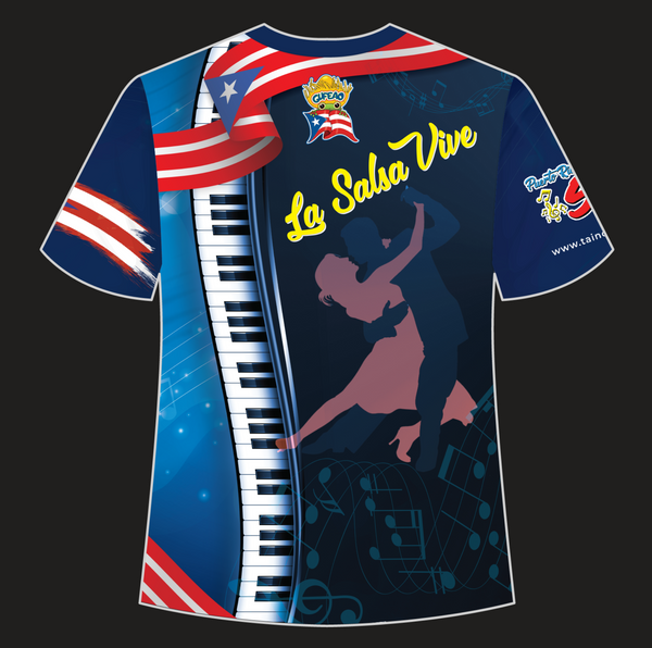 A colorful t-shirt featuring 'Salsa Pal Bailador' with the Puerto Rican flag, musical instruments like trumpets and drums, and dancing figures. Designed by SA Arts, perfect for salsa music and dance enthusiasts.